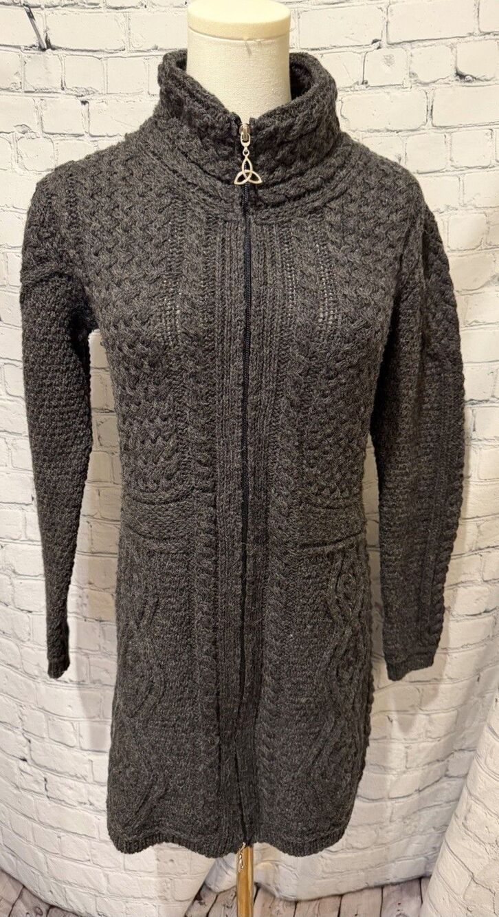Aran Mor Sweater Cardigan Thick Cable Knit Fisherman Merino Wool Made Ireland S